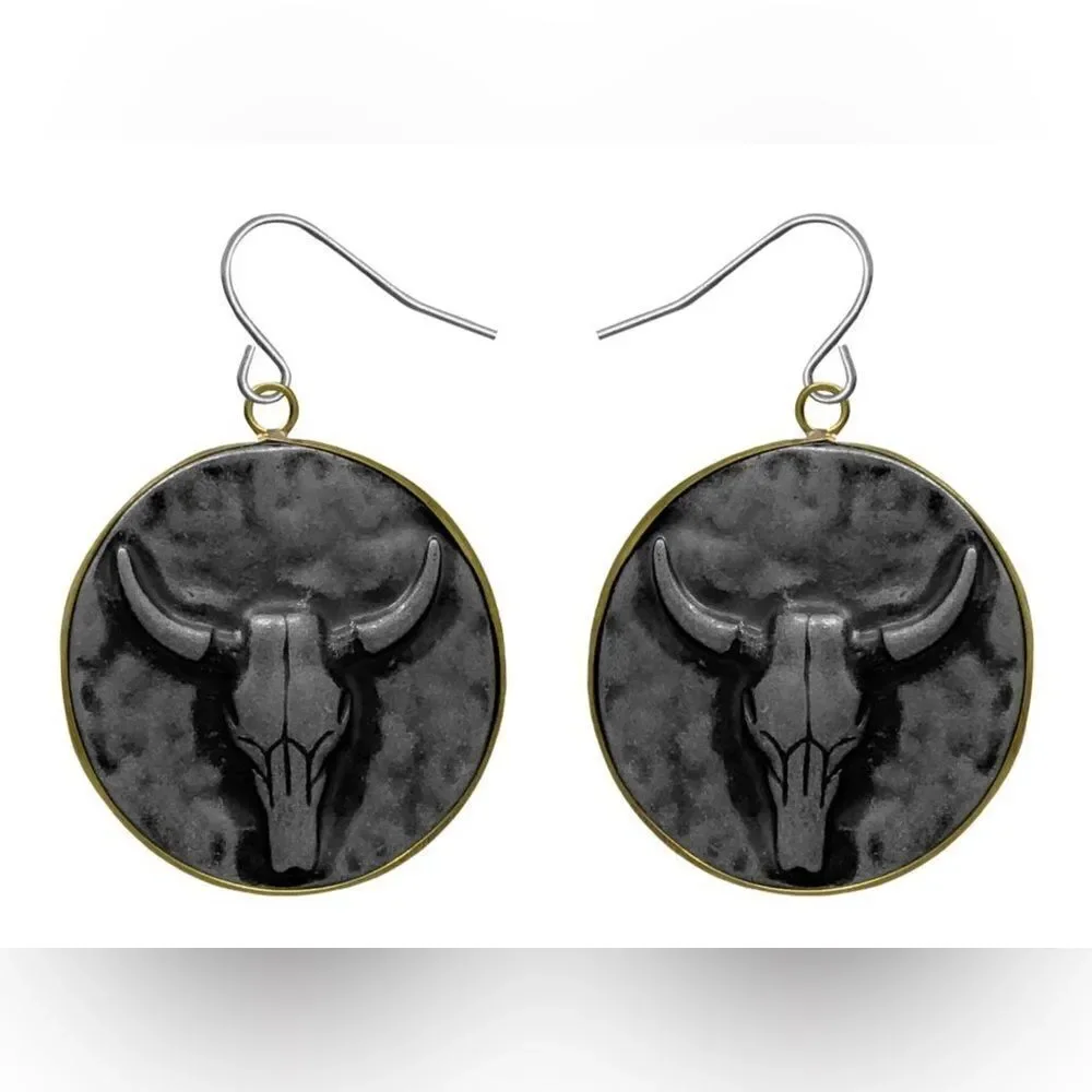 Attitude by Montana Silversmith, Set of black longhorn on silver disk earrings
